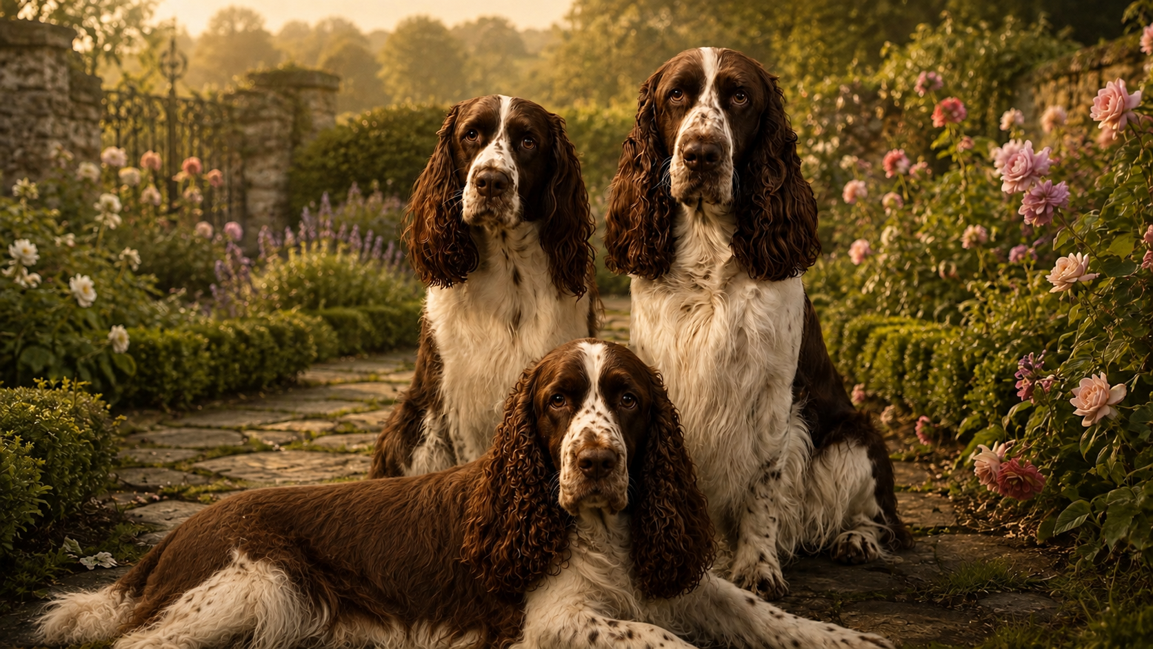 Dapper, Dorrit and Duchess together in a country garden